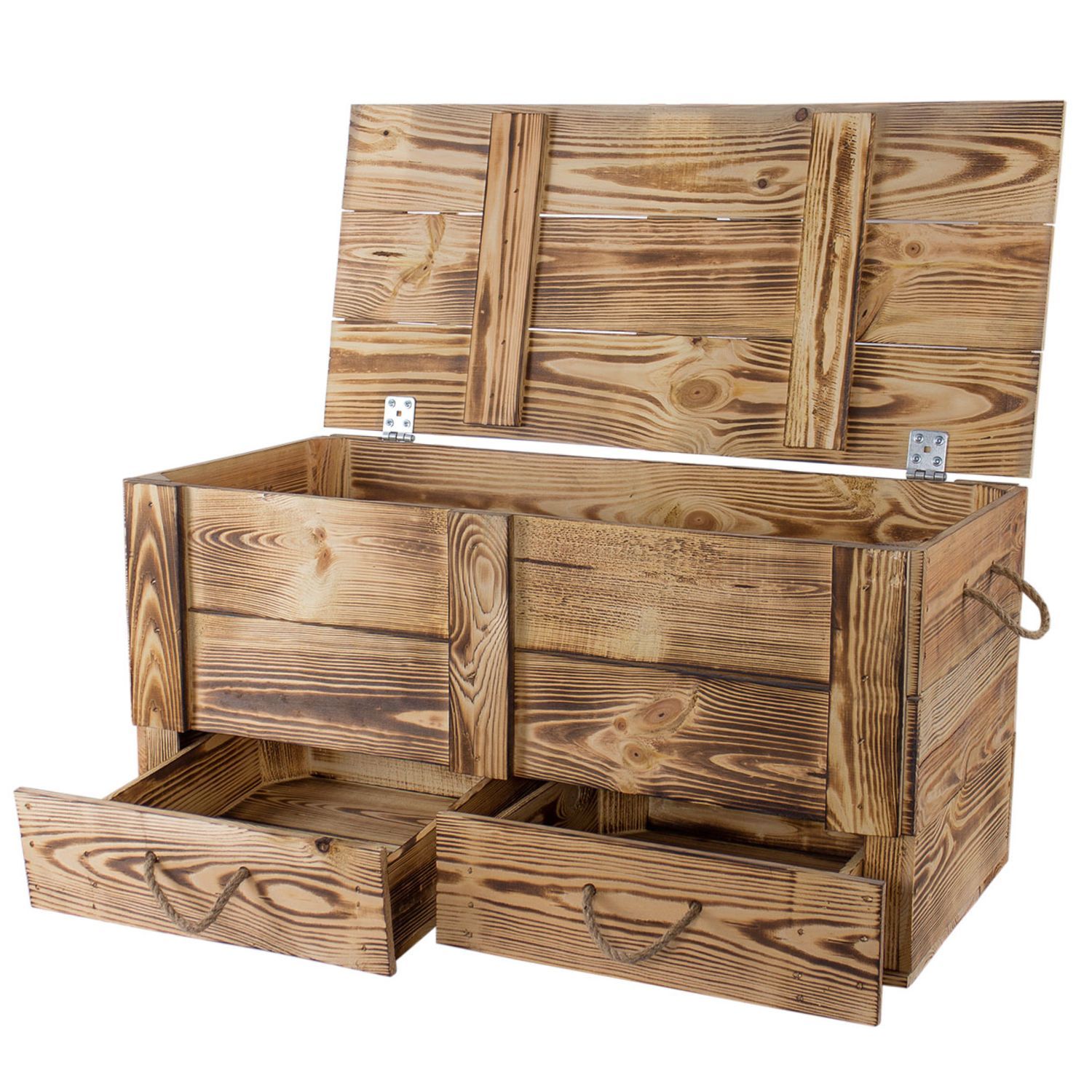 Coffre en bois flambé XXL à 2 tiroirs 85 × 39 × 40 cm