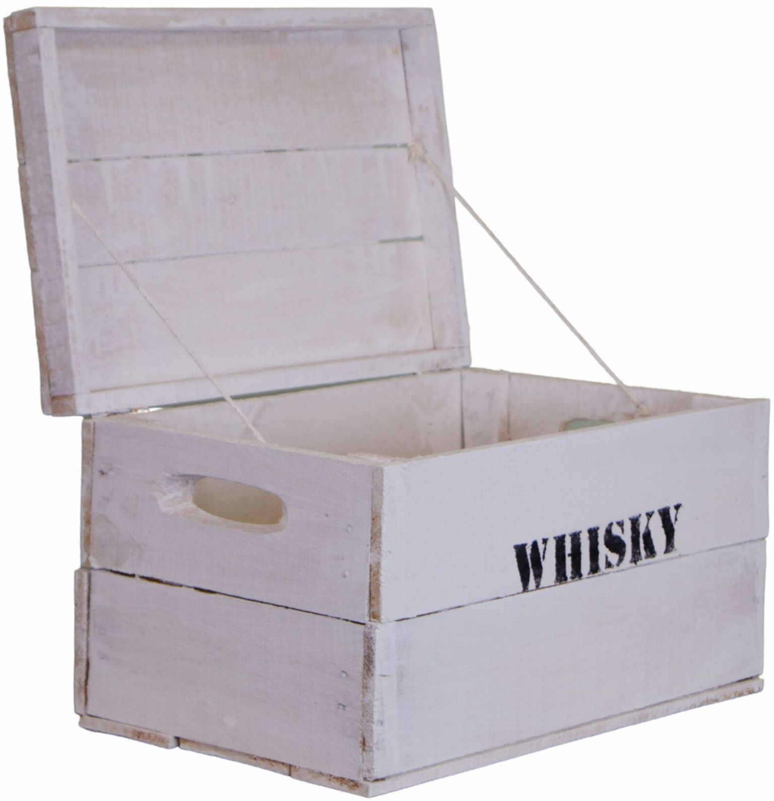 Coffre en bois ancien blanc « Whisky » avec couvercle — taille M